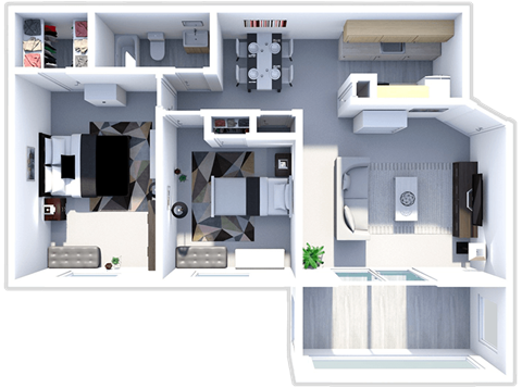 Floor plan for 2 beds, 1 bath, 948 sqft